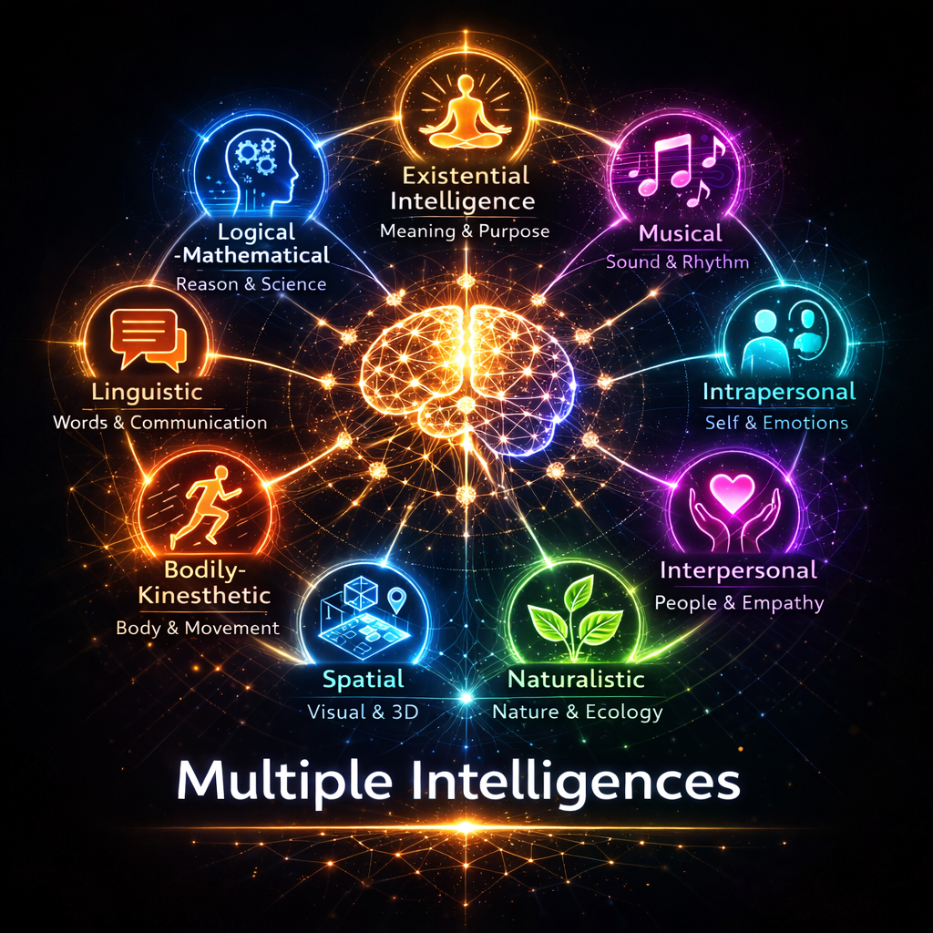 Illustration of multiple intelligences connected around a central brain, including logical-mathematical, existential, musical, intrapersonal, interpersonal, naturalistic, spatial, bodily-kinesthetic, and linguistic.